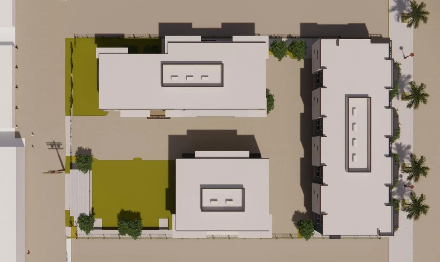 Site plan rendering of the nine-townhome project as filed, before ADUs