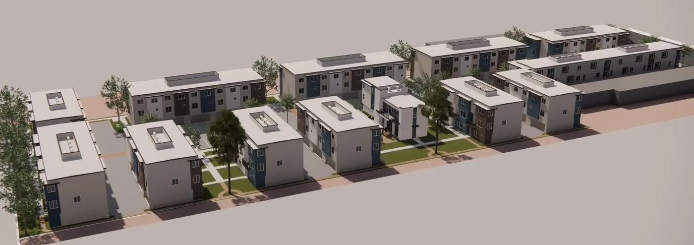 Aerial rendering of twelve townhome buildings arranged along a private drive on a long, narrow site